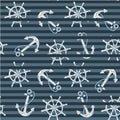 Anchor and steer on blue stripes background seamless sailor pattern. Art design elements stock vector illustration